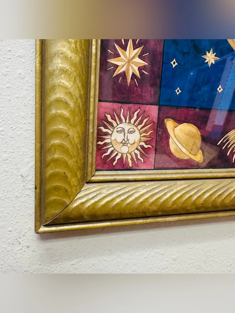 Rare Vintage 90s Mary Beth Zeitz Celestial Moon & Stars Framed Art 14.5 X 14.5